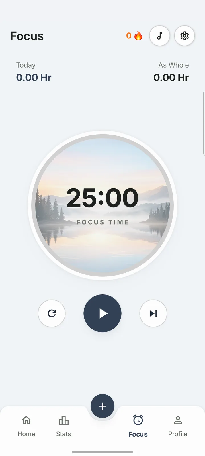 Focus timer at 25:00 over a misty lake illustration with play, reset and skip controls